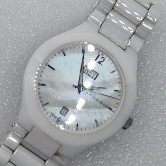 Android Aragon White Ceramic MOP Sapphire 8mm Slim case Watch Bracelet Band Thin - Picture 1 of 12